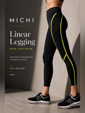 Michi Linear Leggings Black Acid Yellow Size Medium NWT